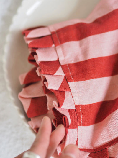 Red & Pink Stripe Ruffle Fabric Napkins Set of 4