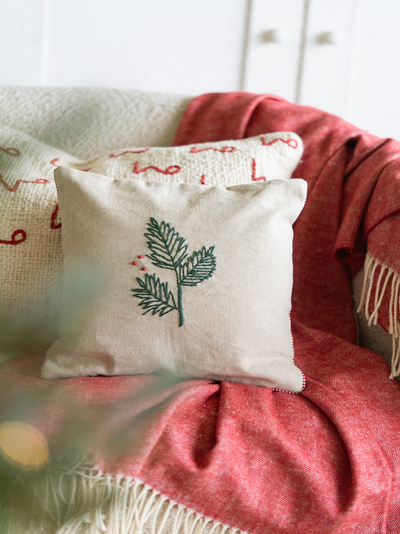 Embroidered Holly Pillow | 12x12