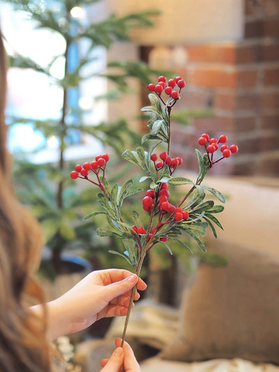 Faux Red Berry & Leaf Stem