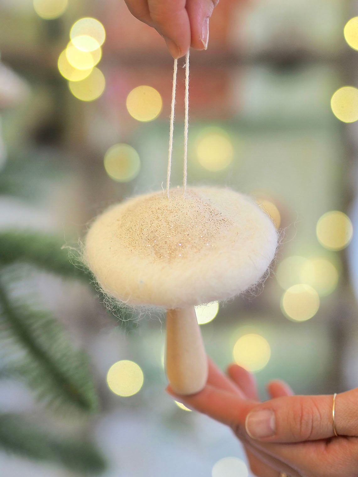 Dusty White Mushroom Ornament | Wide