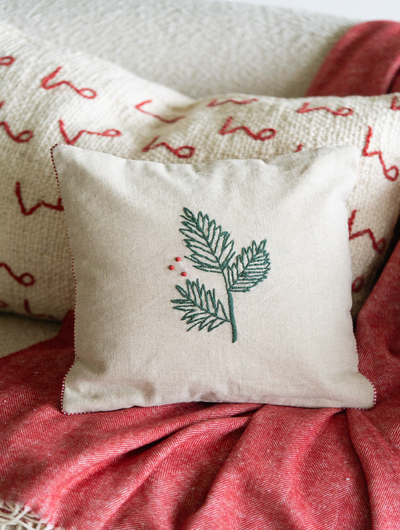 Embroidered Holly Pillow | 12x12