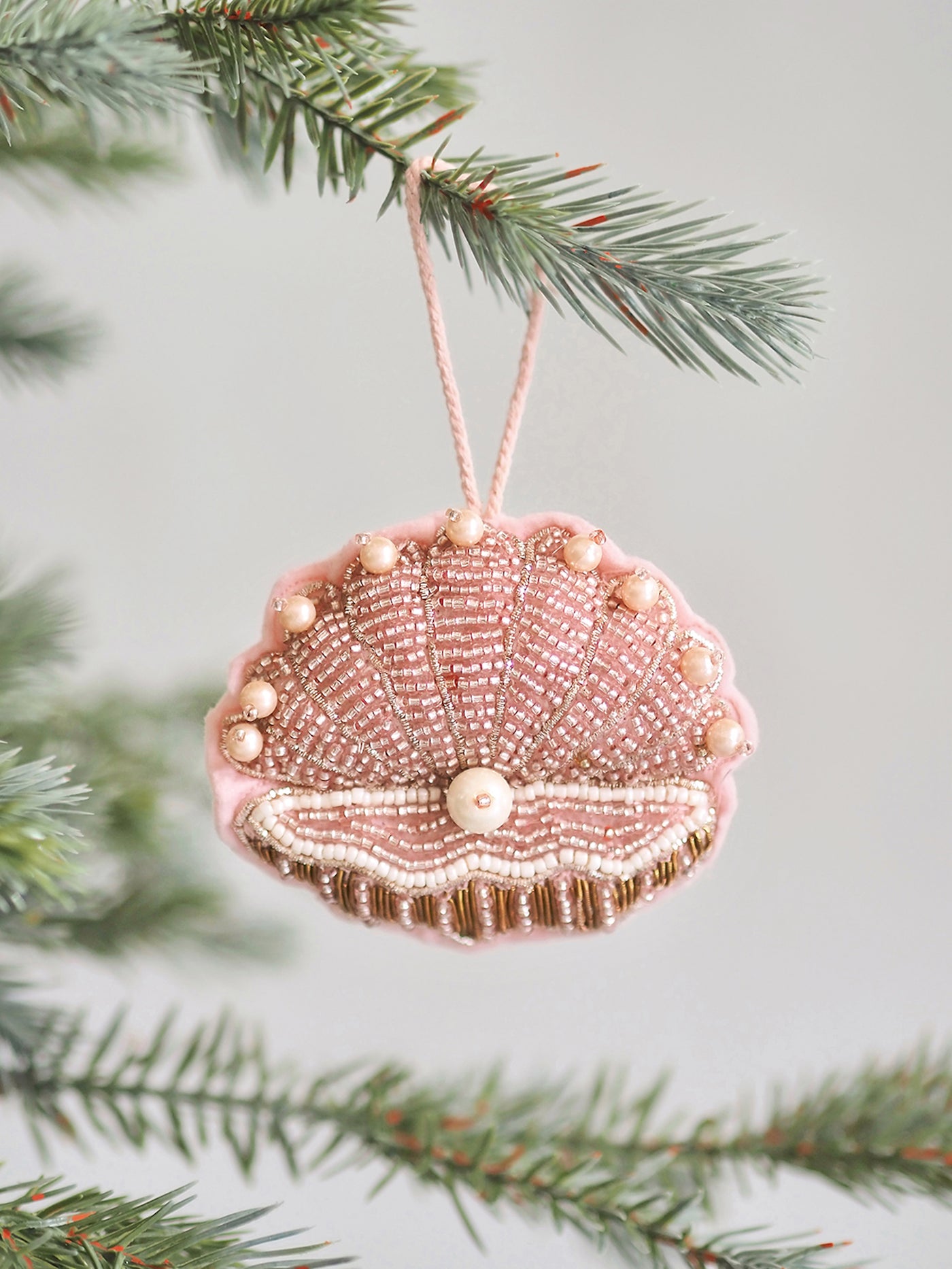 Pink Beaded Clam Ornament