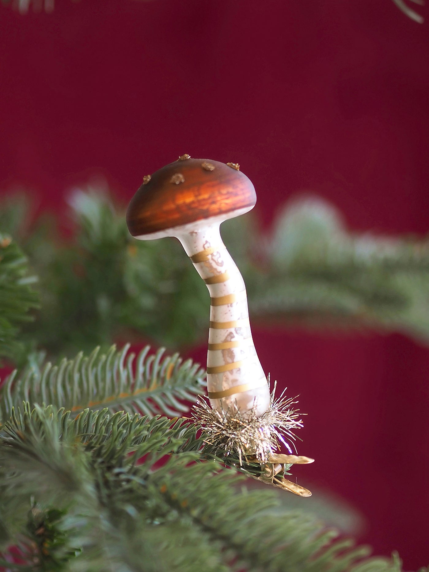 Tinsel Mushroom Clip Ornament | Brown