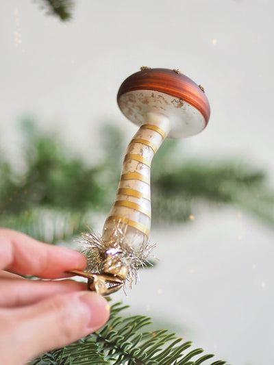 Tinsel Mushroom Clip Ornament | Brown