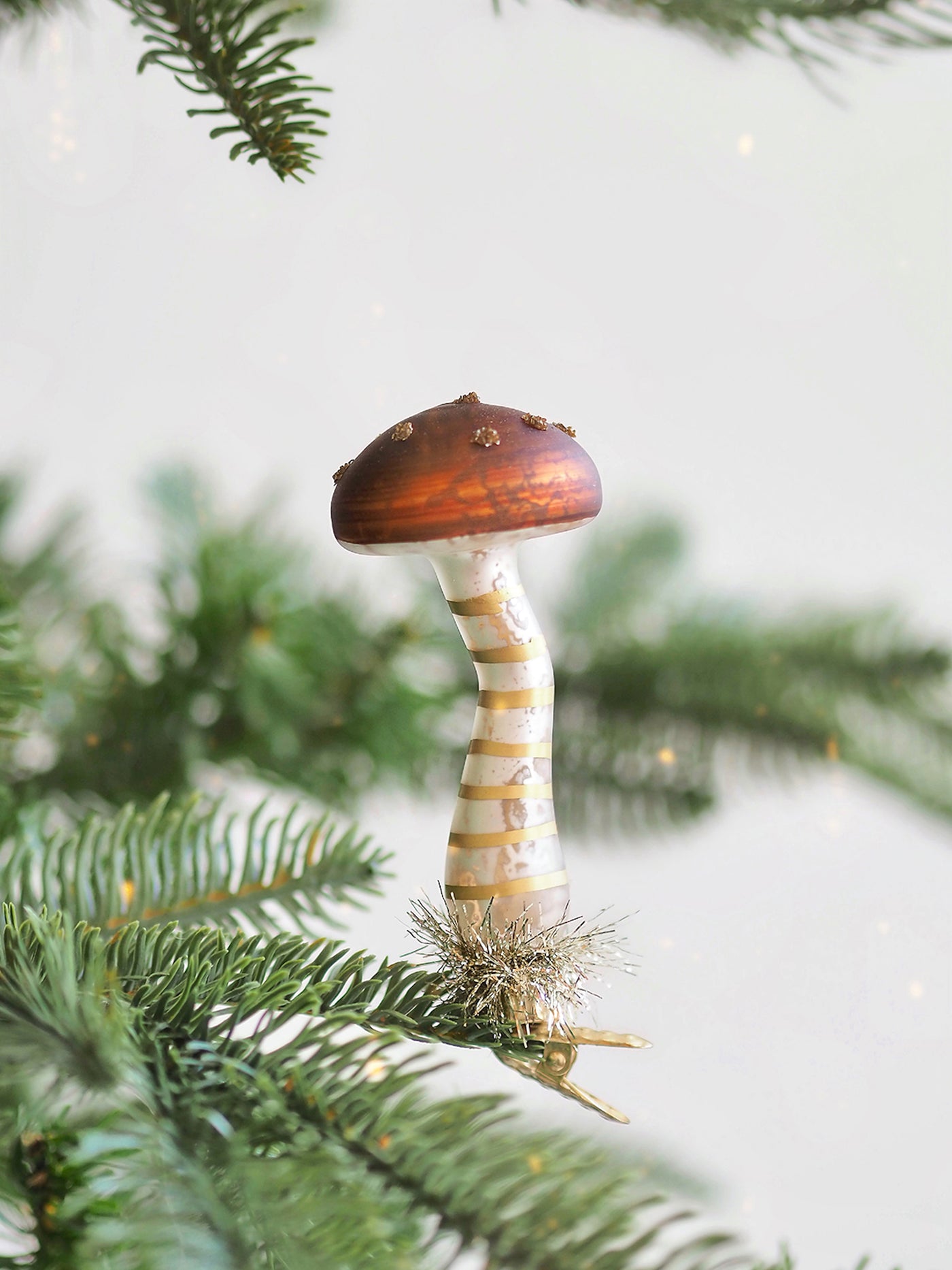 Tinsel Mushroom Clip Ornament | Brown