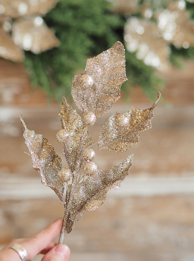 Glittery Champagne Holly Pick